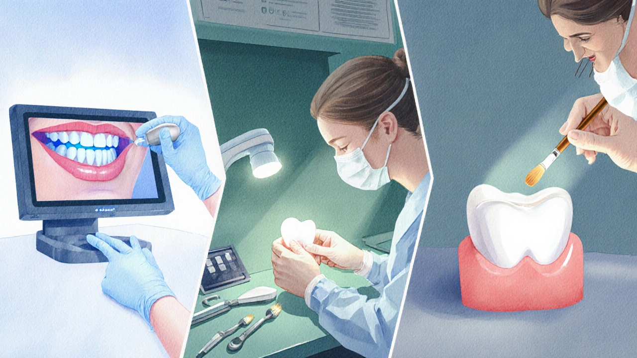 Ilustrace kroků zákroku: skenování úsměvu, výroba fazety v laboratoři a její lepení zubařem.
