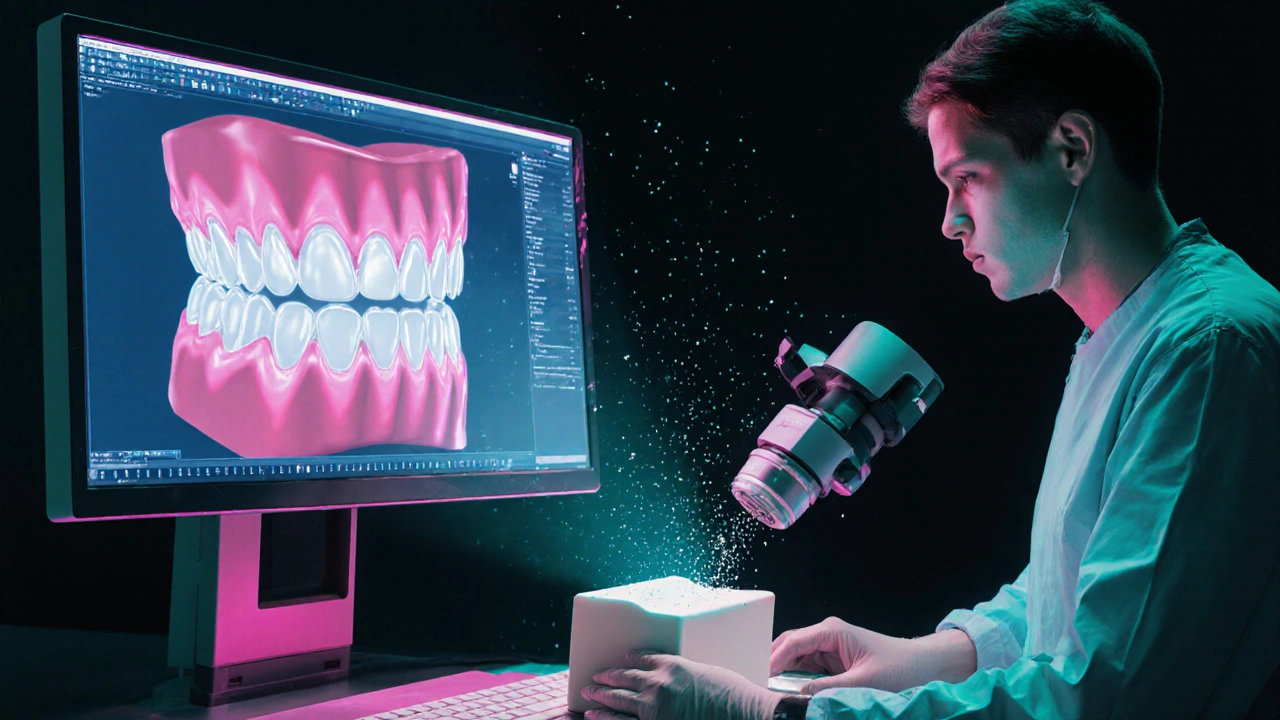 Ilustrace laboratoře s CAD/CAM technikou vyrábějící keramické fazety.