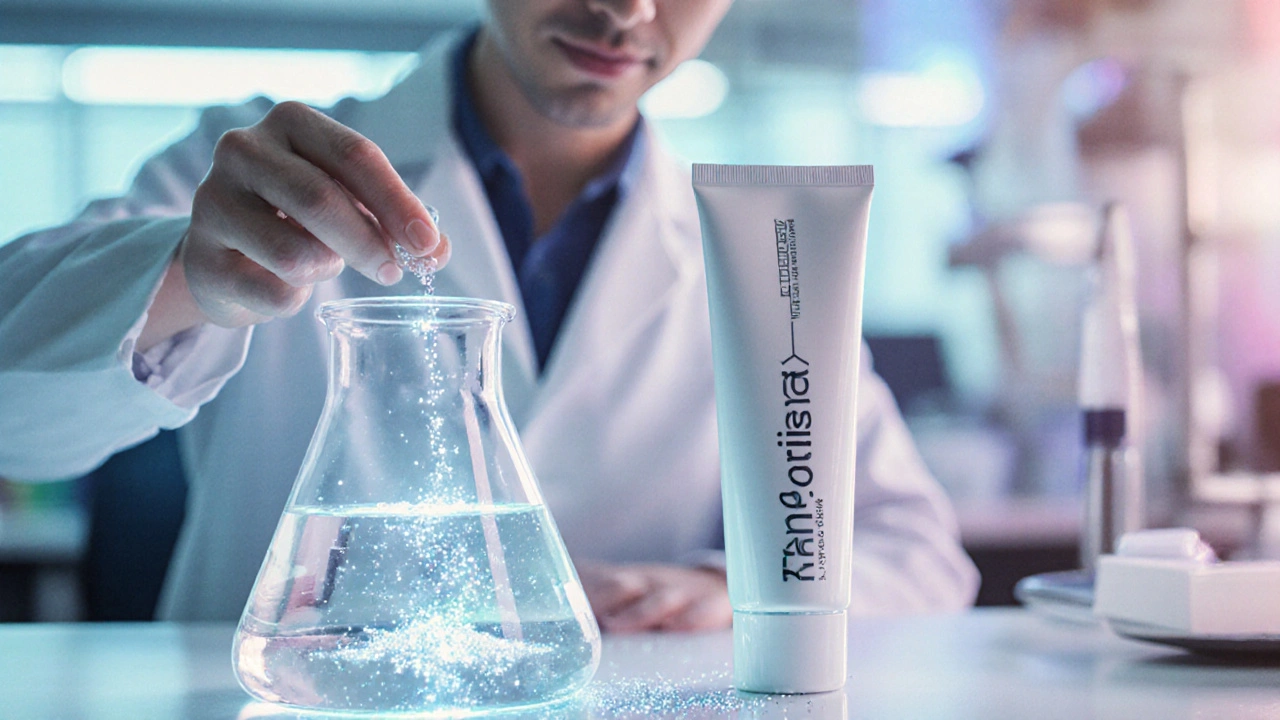 Laboratorní scéna s výzkumníkem míchajícím nano‑fluoridovou pastu.