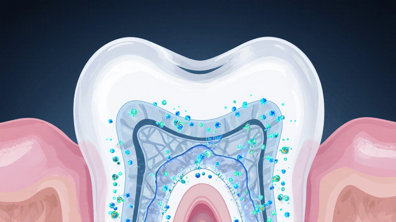 Řez zubem ukazující fluorid posilující krystaly hydroxyapatitu.