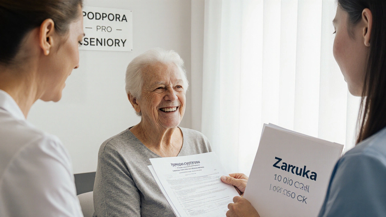 Senior patient smiling while receiving a payment plan for dental implant.