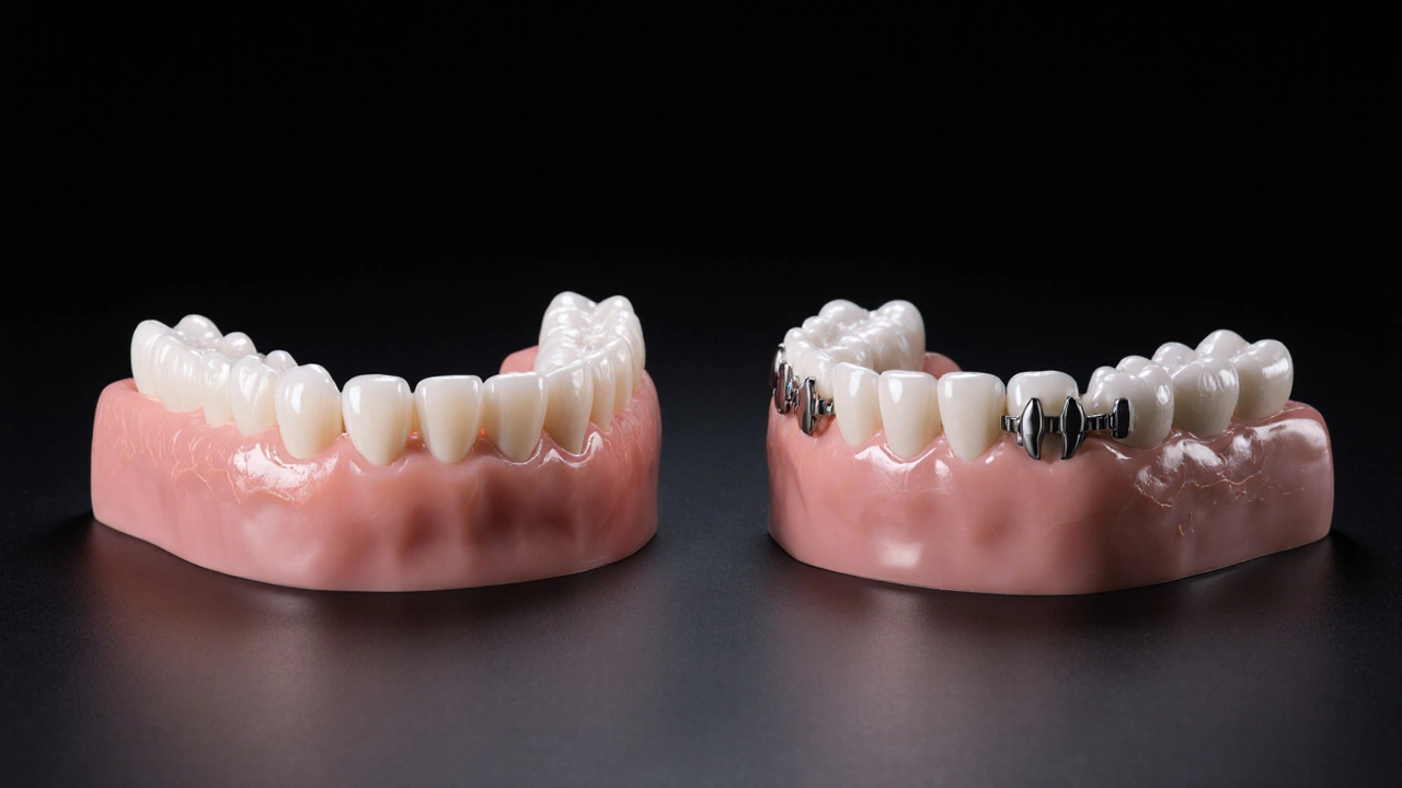 Side-by-side comparison of an acrylic denture and a ceramic partial denture with metal clasps.