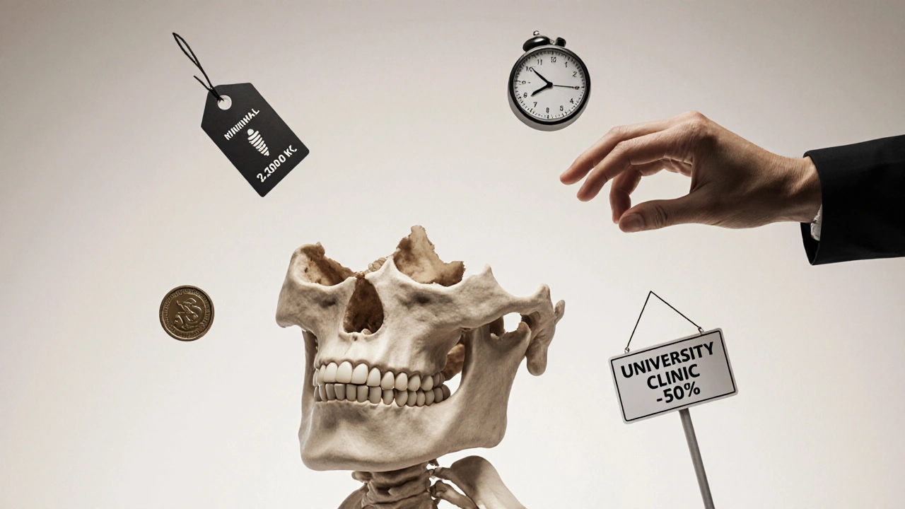 Symbolic jawbone with financial and medical choices floating around it.