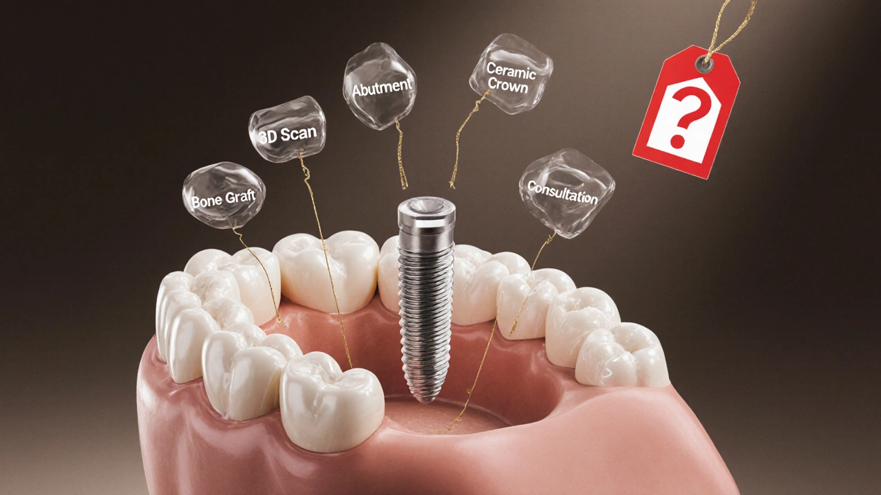 Transparent jawbone with floating components of a dental implant and a warning price tag.