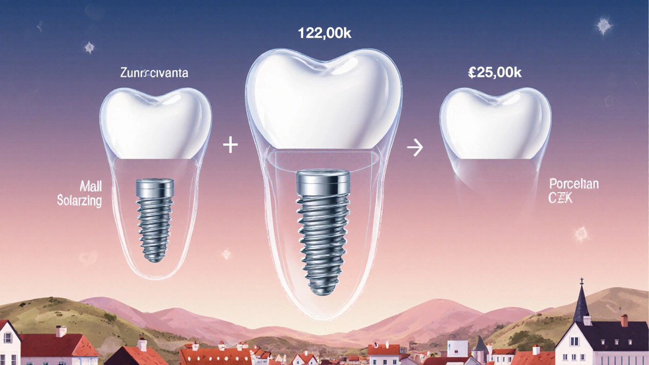 Transparent layers of a dental implant system with Czech landscape background.