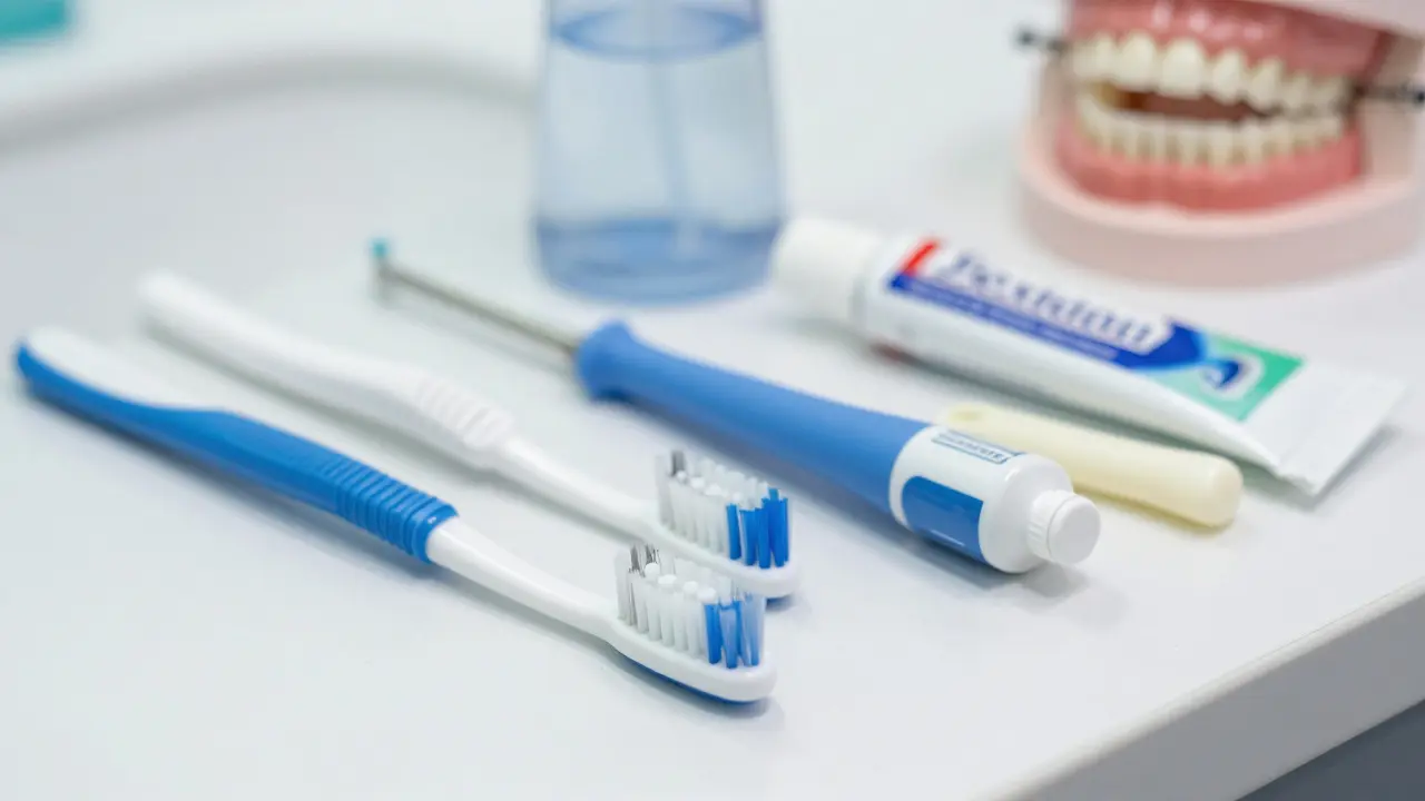 Ortodontické nástroje: kartáček, vodní pryskyřice, fluoridová pasta a vosk na bílém povrchu.