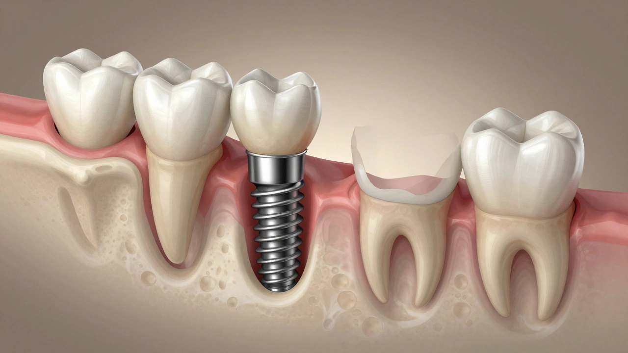 Příčný řez čelistí s implantátem integrovaným do kosti a porovnání s oblastí ztráty kosti.