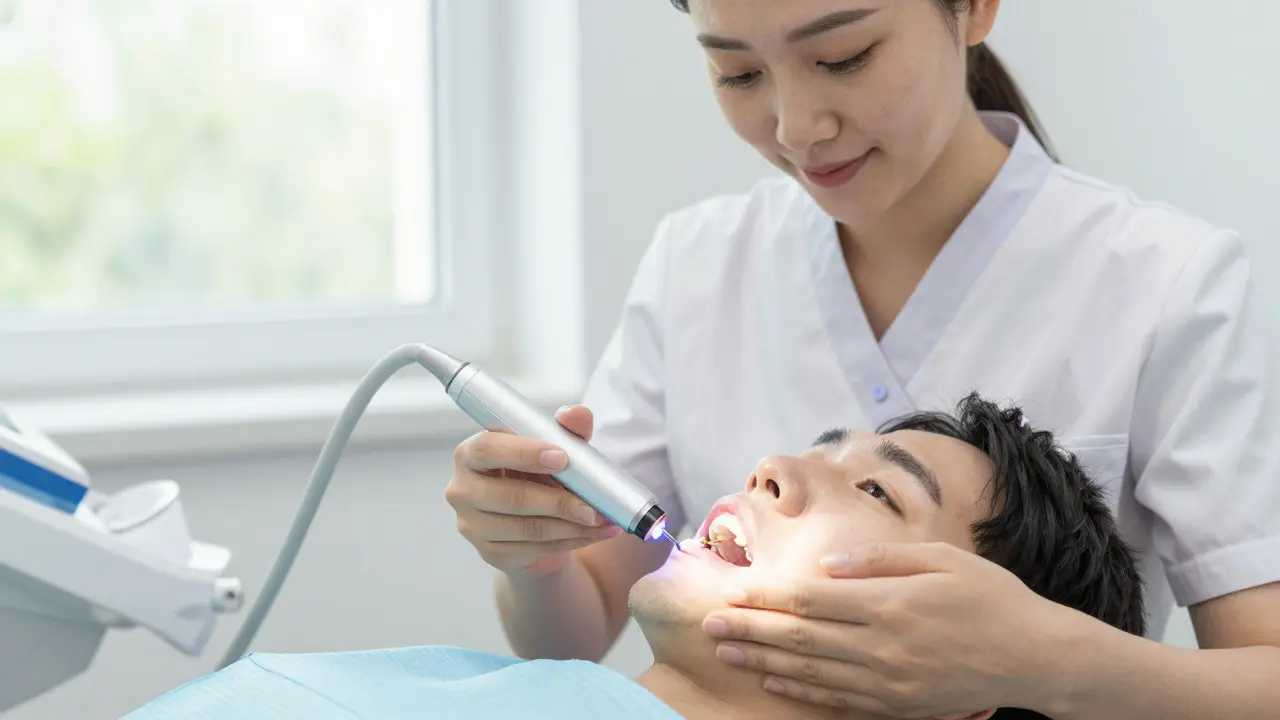 Zubní hygienička odstraňuje kámen pomocí ultrazvukového přístroje