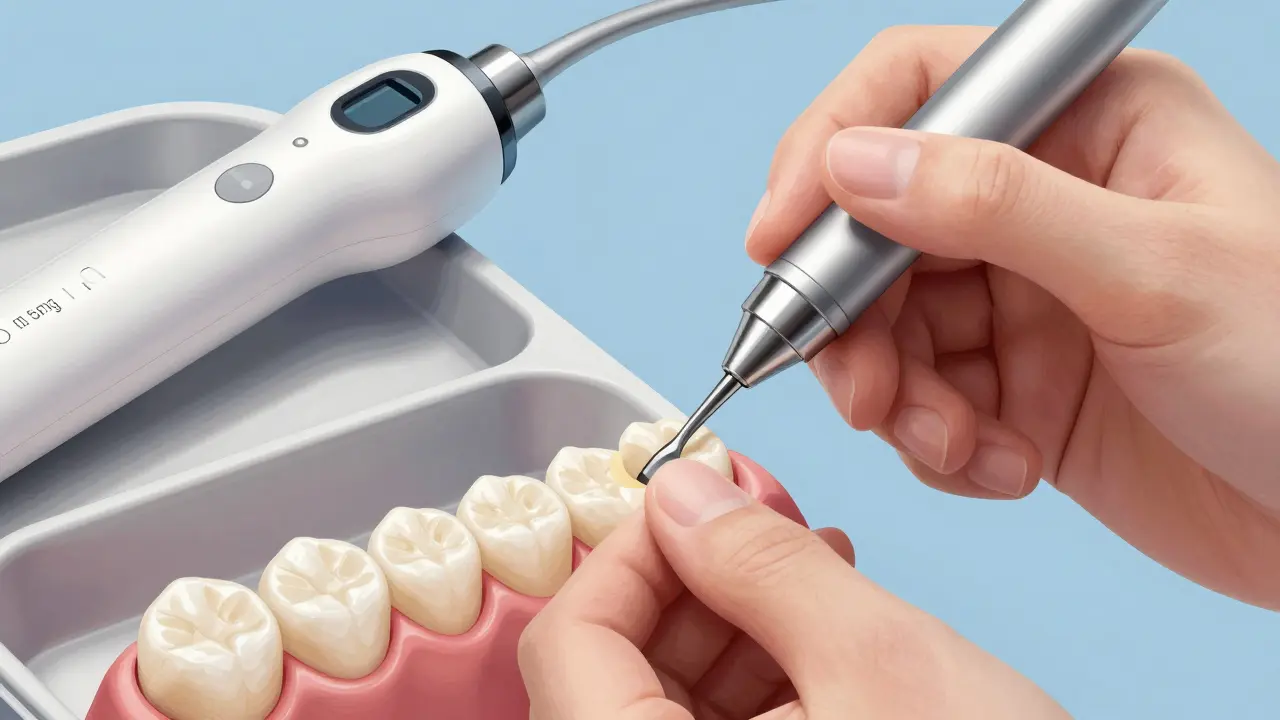 Dentista připravuje zub k aplikaci keramické veneery pomocí mikroskopického vrtáku.