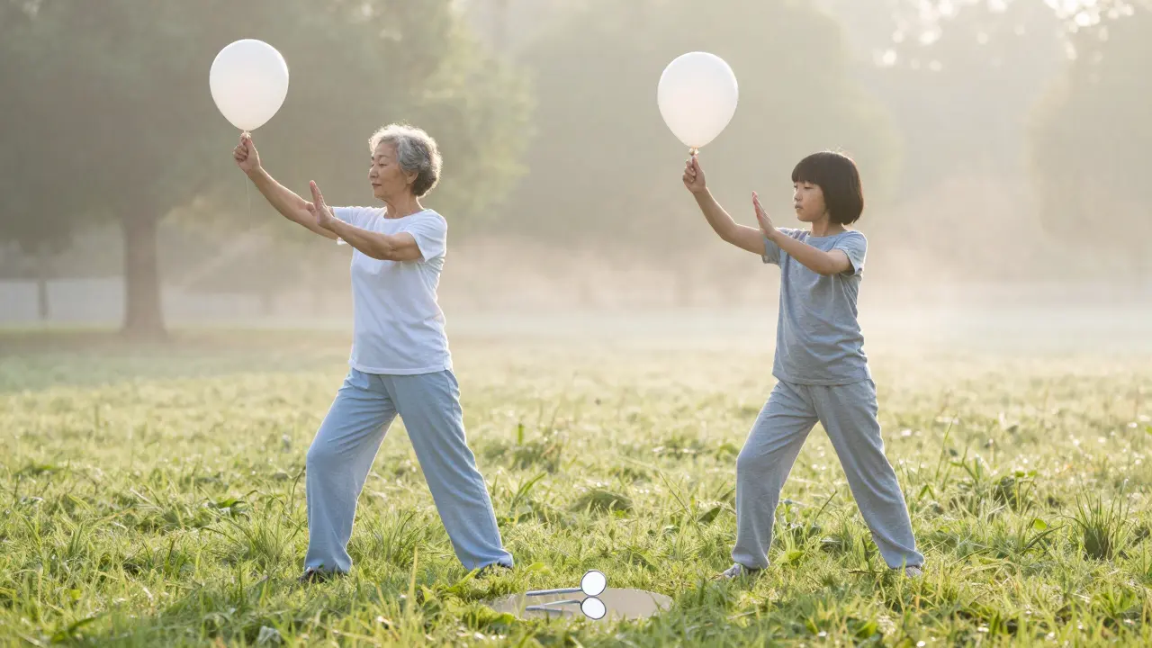 Starší žena a dítě cvičí tai chi ve včerejším parku, symbolizujíce zdraví úst přes generace.
