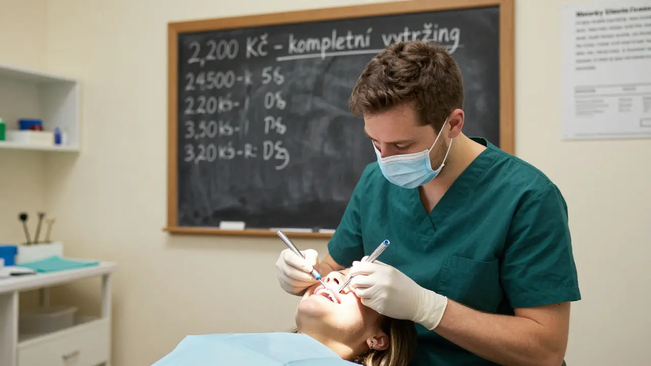 Student zubní fakulty v Brně vytrhává zub pod dohledem učitele.