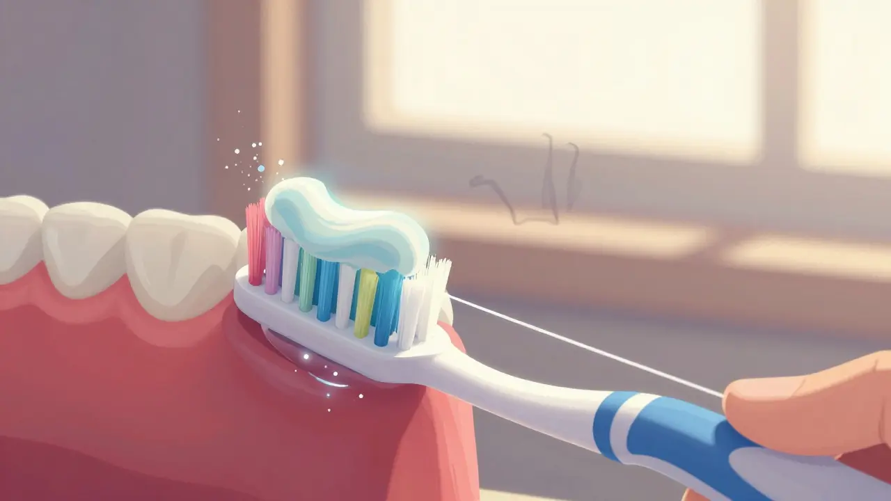 Čištění zubů štětcem pod úhlem 45 stupňů s fluoridovou pastou a nití mezi zuby.