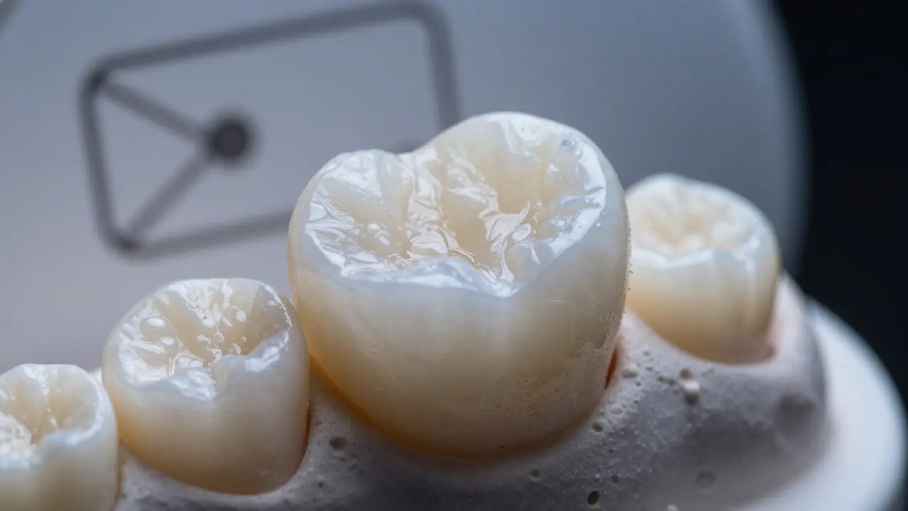 Close-up of a ceramic veneer with natural enamel texture on a dental mold.