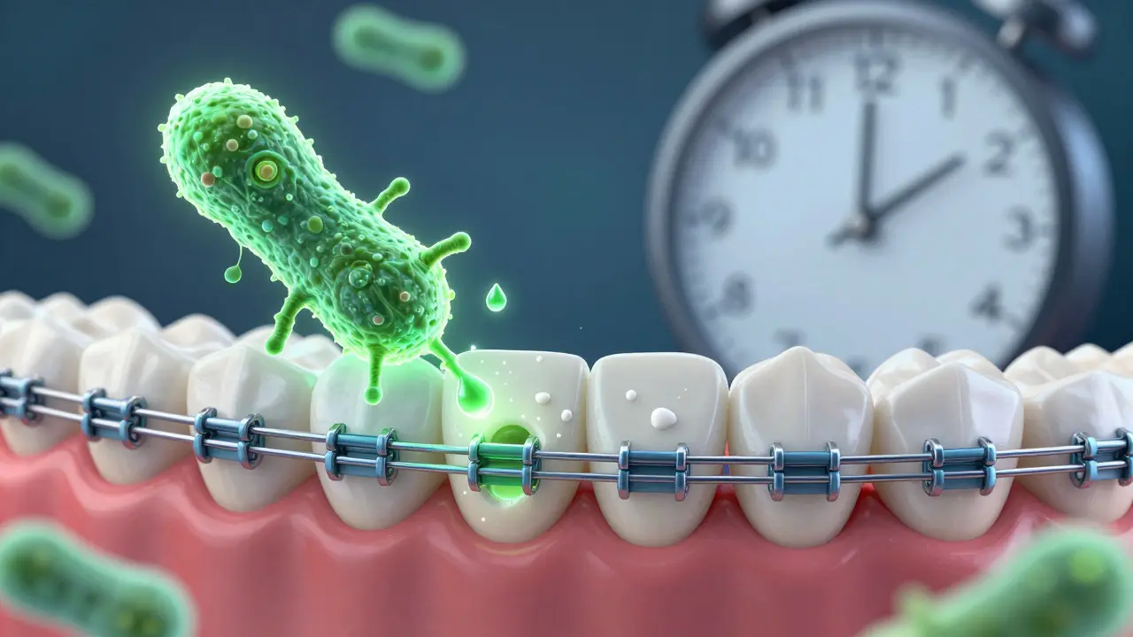 Close-up of teeth with orthodontic wires, glowing bacteria eroding enamel into cavities.