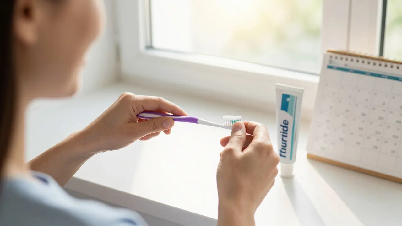 Person using interdental brush after braces removal, sunlight and fluoride toothpaste visible.