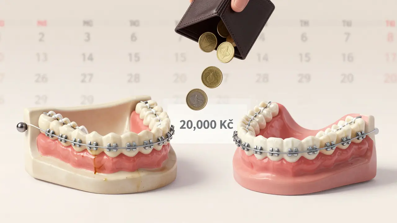 Side-by-side comparison of stained ceramic braces and clean metal braces with financial gap visualization.