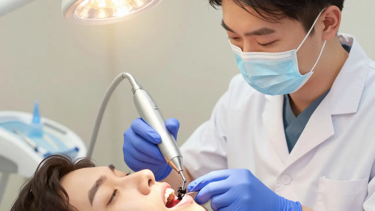 Zubní hygienistka odstraňuje zubní kámen ultrazvukovým skrabačem.