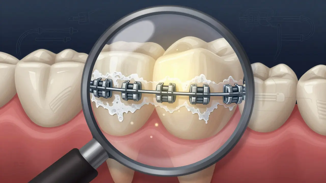 Zvětšený pohled na zub s nárůstem plaku a demineralizací emalu, kterou obnovuje fluoridová vrstva