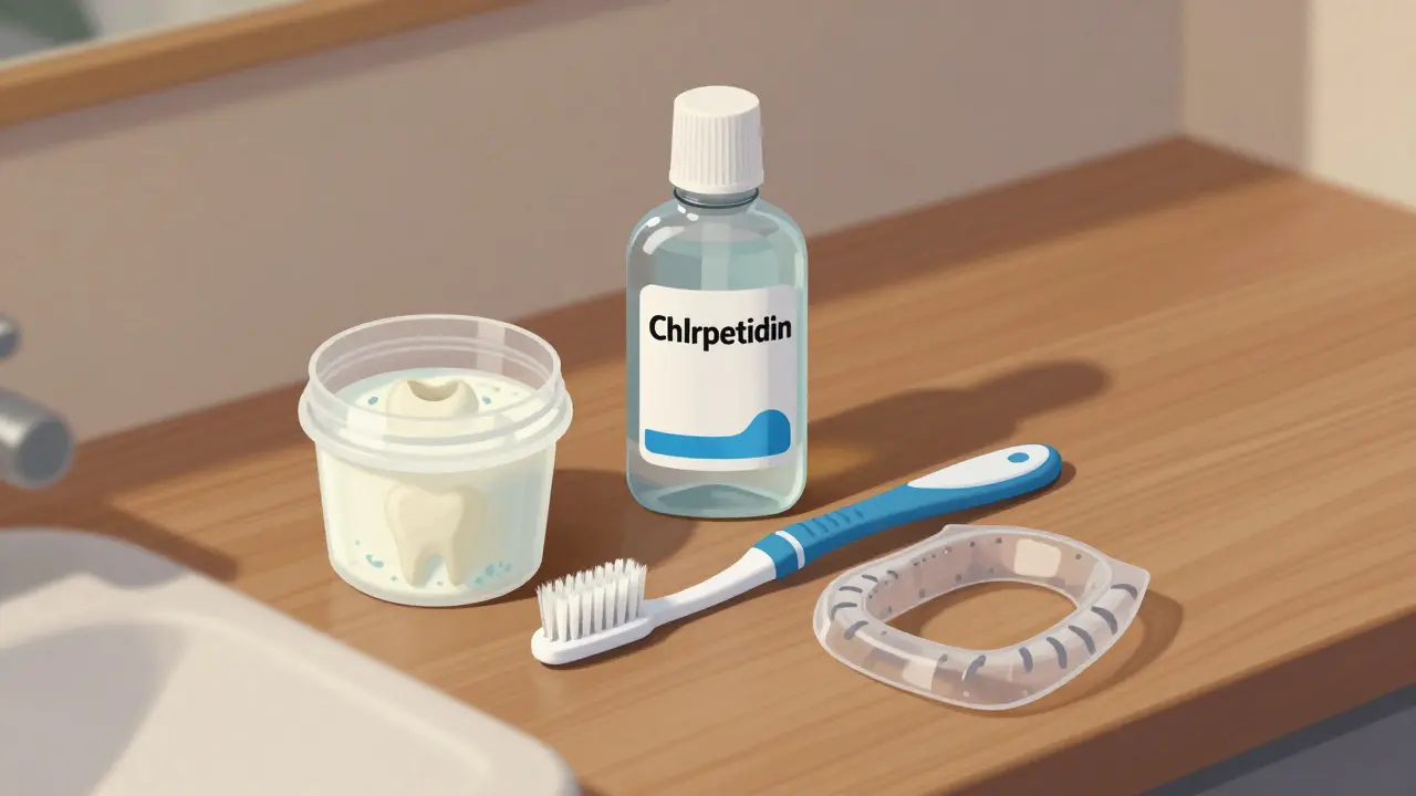 Dental emergency kit s nádobou s mlékem, ústním výplachem a ochranným štítem.