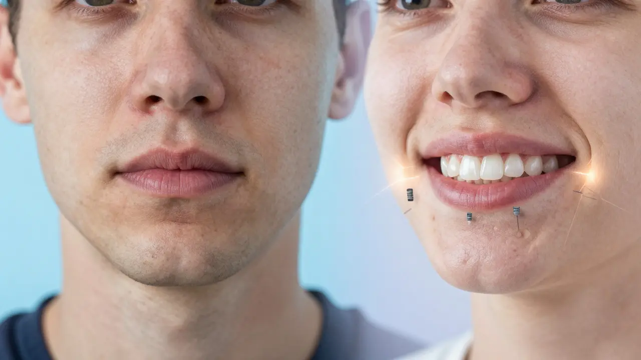 Dvě strany obličeje: jedna zhroutená ztrátou kosti, druhá obnovená díky zubním implantátům.