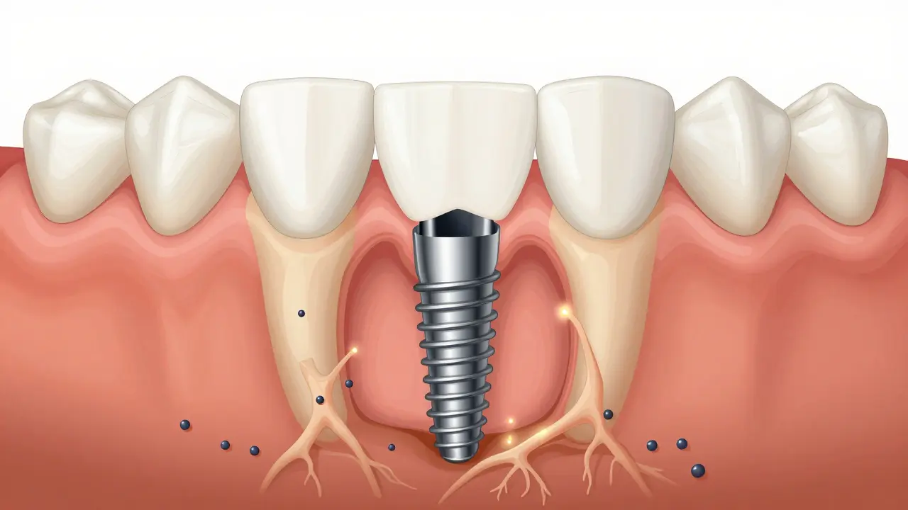 Ilustrace implantátu sloučeného s čelistní kostí, s nově růstoucí kostí kolem kovového šroubu.