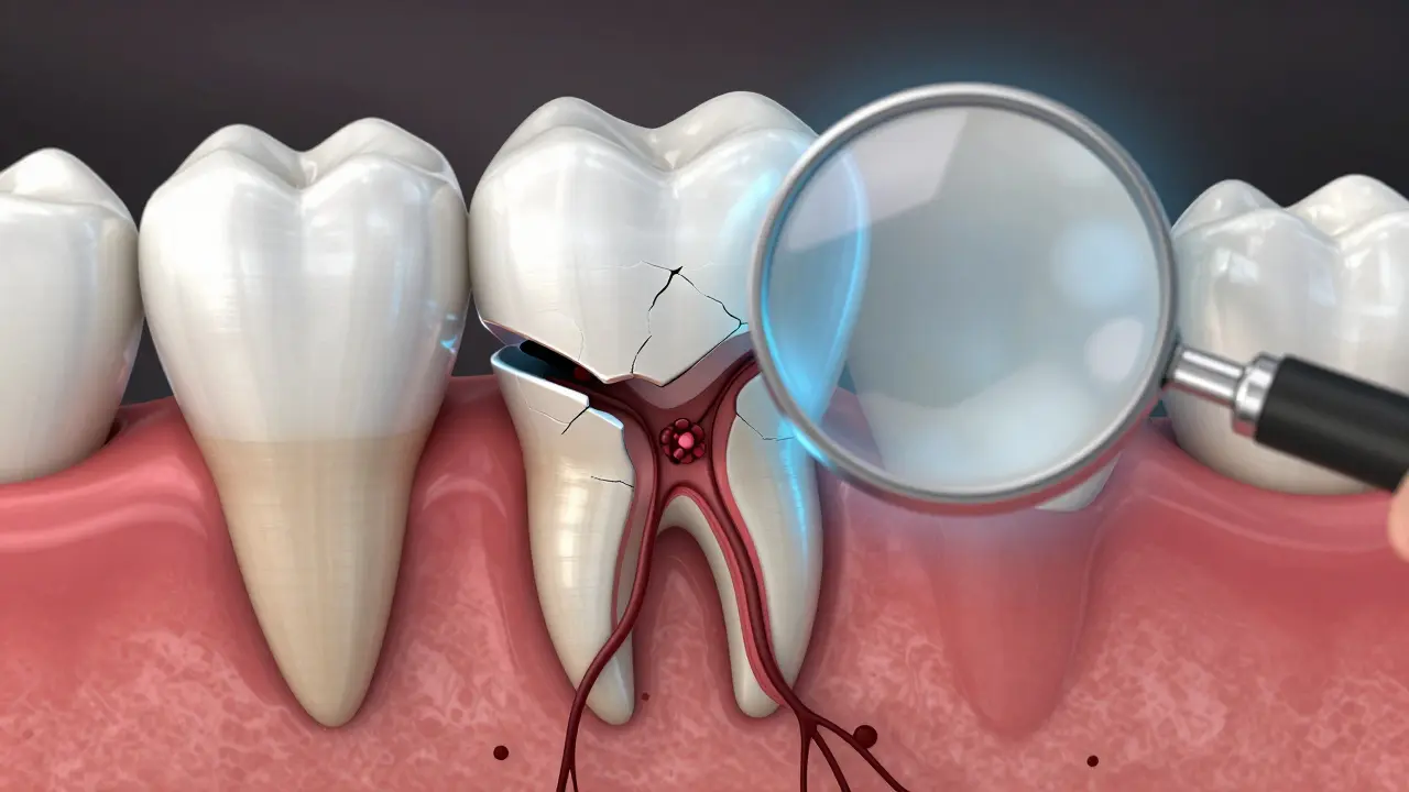 Mikroskopický pohled na prasklinu v zubu s bakteriemi pronikajícími do dentinu.