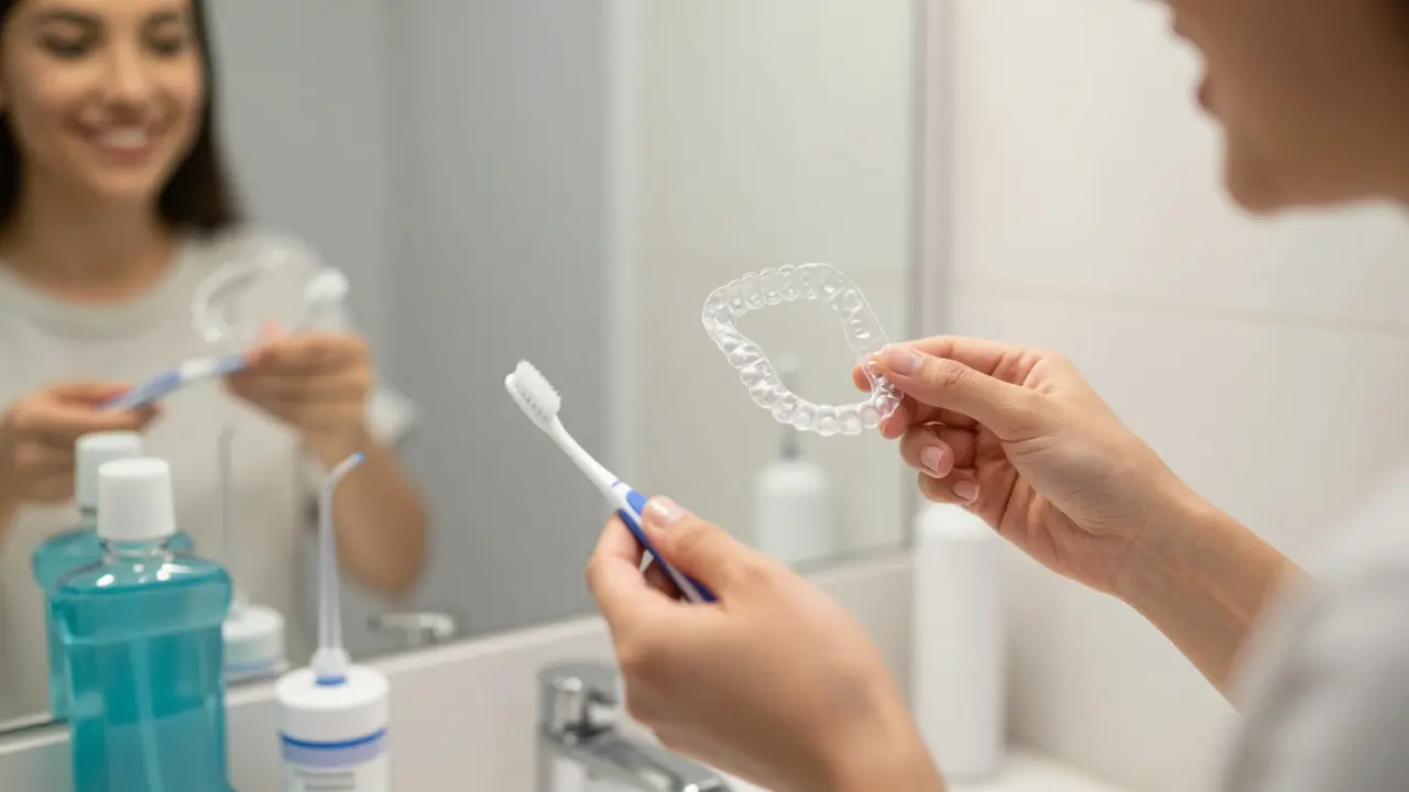 Osoba drží retenci a štětec před zrcadlem po odstranění rovnátek.