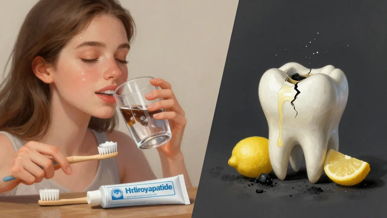 Porovnání bezpečného a nebezpečného domácího bělení zubů: pláchnutí vodou vs. citronová šťáva a uhlí.