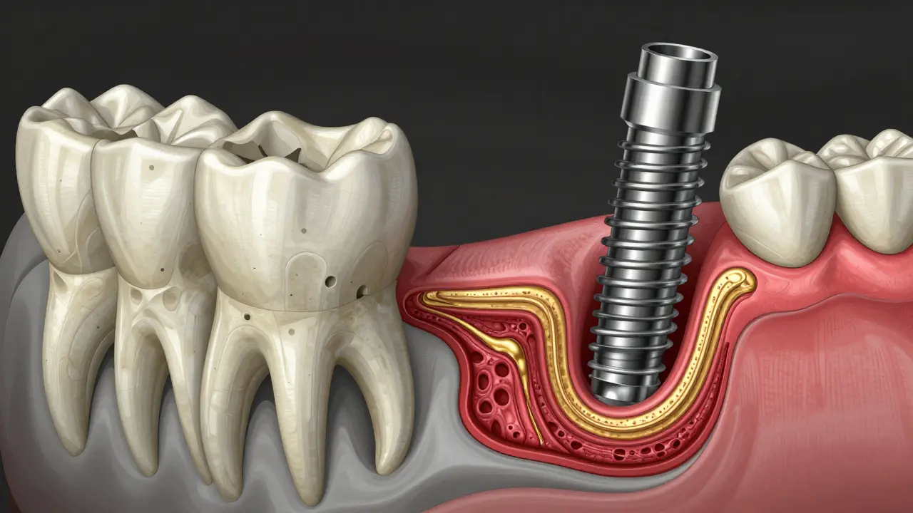 Příčný řez čelistí: na jedné straně osteoporotická kost, na druhé implantát s novou kostní tkání.