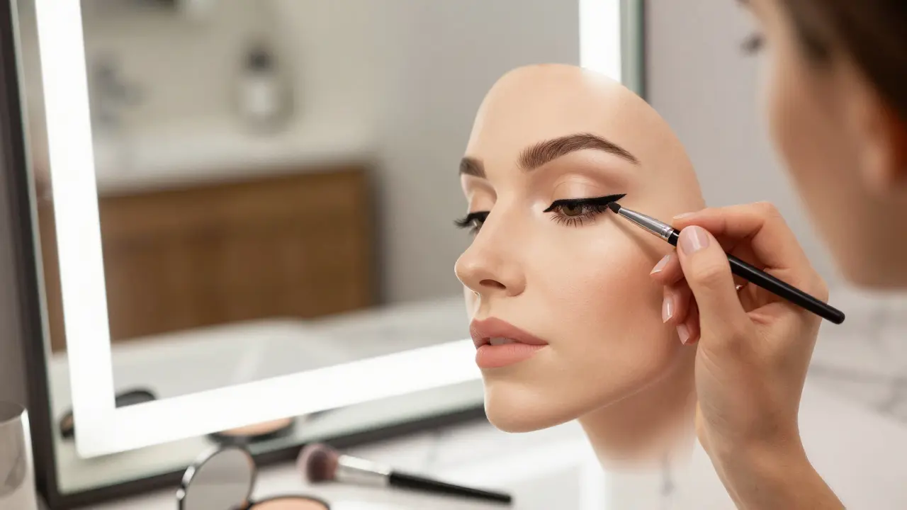 Ruka aplikuje make-up před osvětleným zrcadlem s dokonalým, stínovým osvětlením.