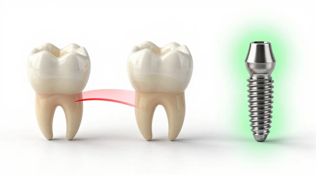 Tři typy zubních náhrad – korunka, most a implantát – zobrazené vedle sebe na bílém pozadí.
