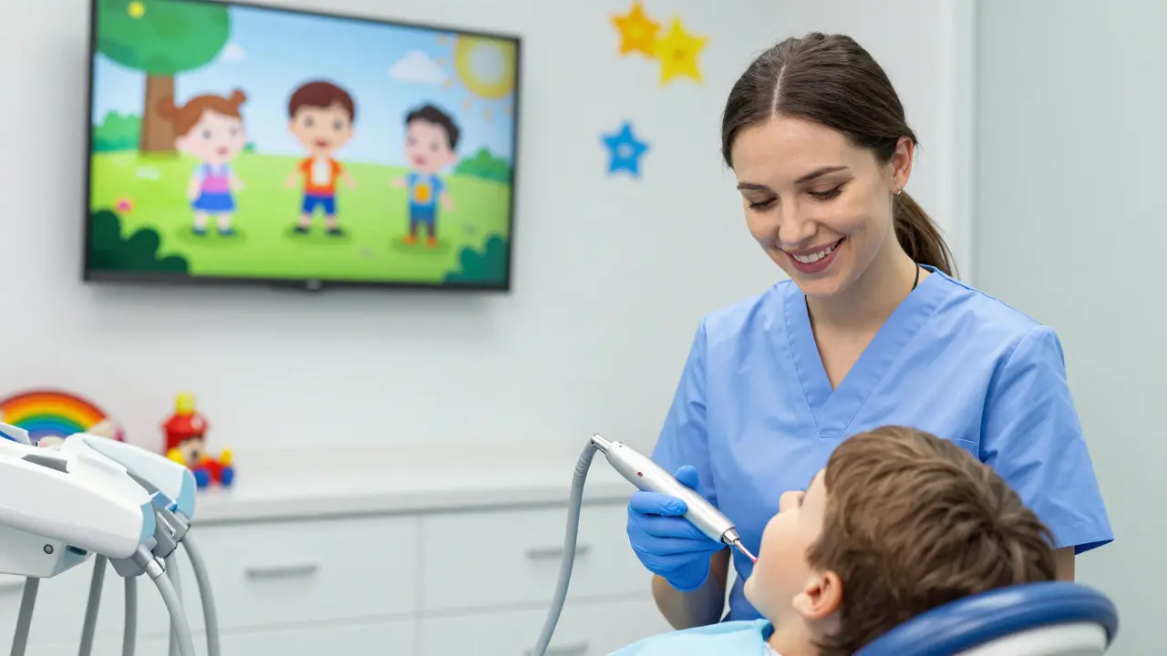 Zubní hygienik odstraňuje zubní kámen u dítěte v přátelské klinice s herními prvkami.