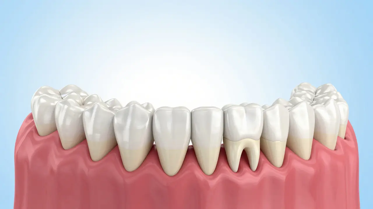 3D anatomický model čelisti s rozlišením stoliček, premolárů a kutníků.