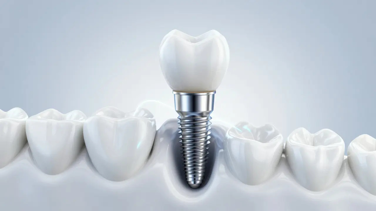 3D ilustrace zubního implantátu s titanovým šroubem v čelistní kosti.