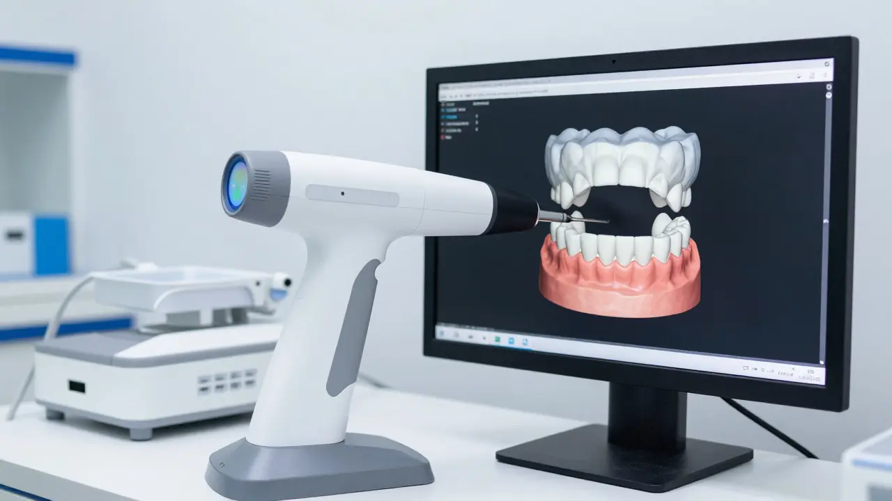 Digitální intraorální skener vytvářející 3D model zubů pro precizní návrh úsměvu.