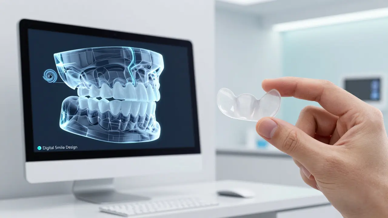 Digitální plánování úsměvu pomocí 3D modelu a detail ultra-tenkého keramického plátku.