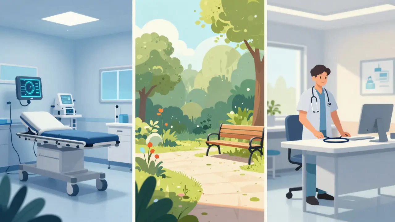 Kolaž znázornující akutní péči, psychiatrickou léčbu a ambulantní vyšetření.