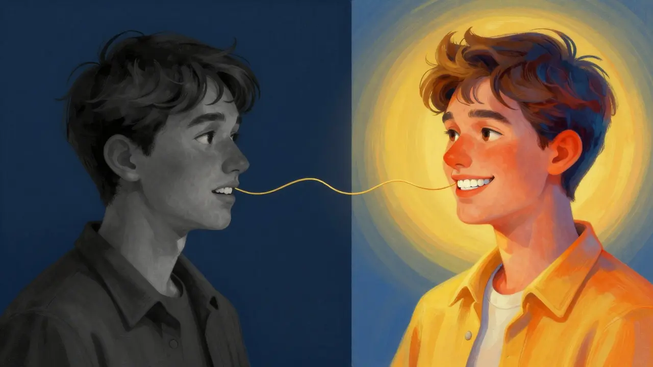 Konceptuální ilustrace přechodu od nejistoty k sebevědomí díky úsměvu.