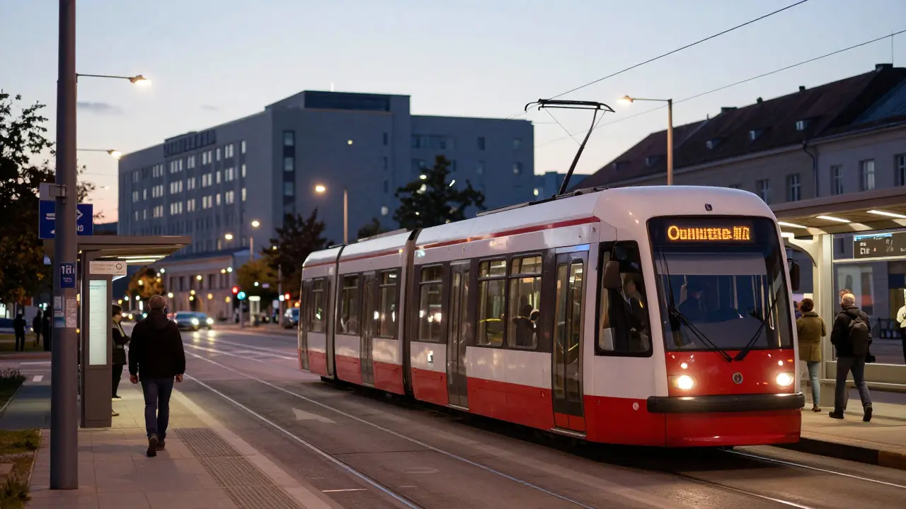 Olomoucká tramvaj u vjezdu do areálu nemocnice za soumraku.