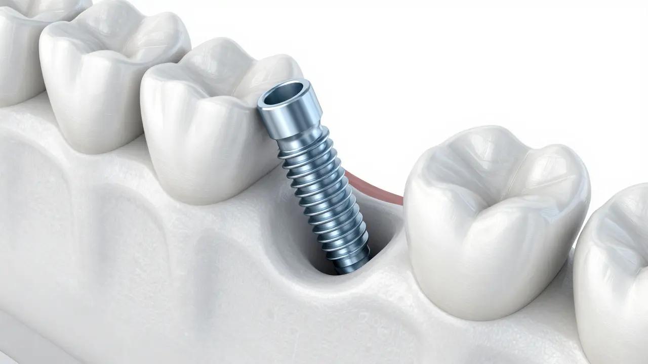3D ilustrace zubního implantátu integrovaného v čelisti
