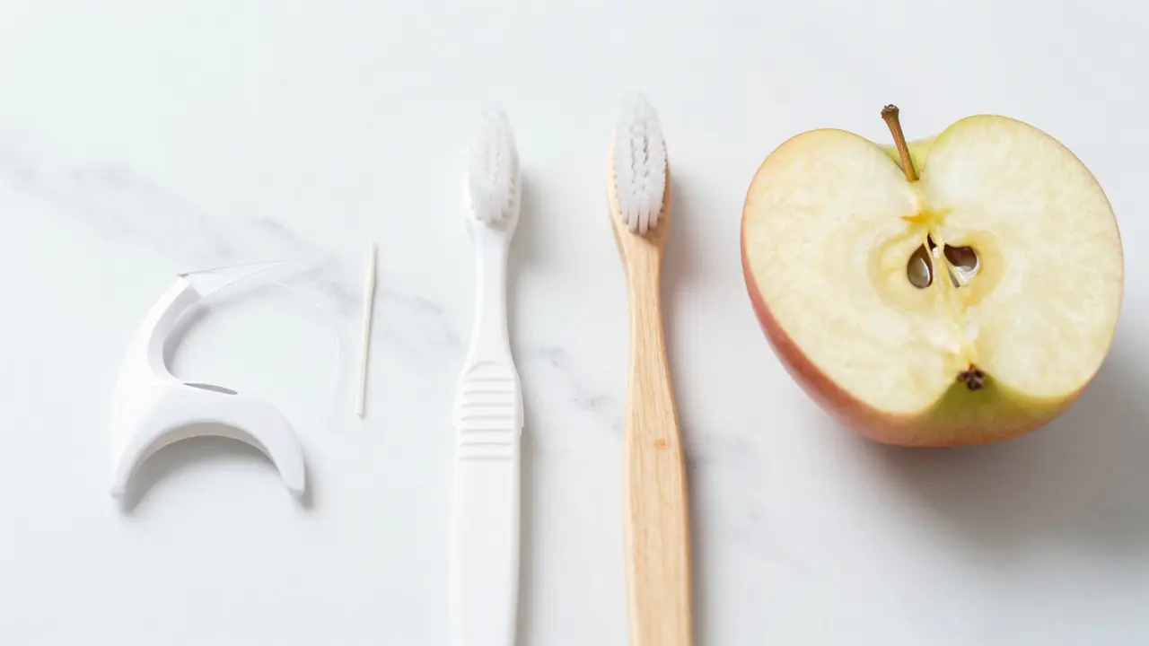Hygienické pomůcky a kousek jablka na bílém podkladu