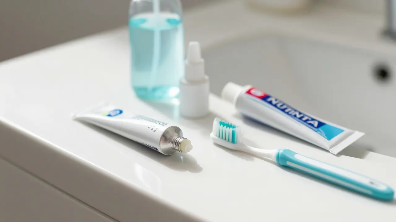 Hygienické pomůcky pro péči o rovnátka na umyvadle