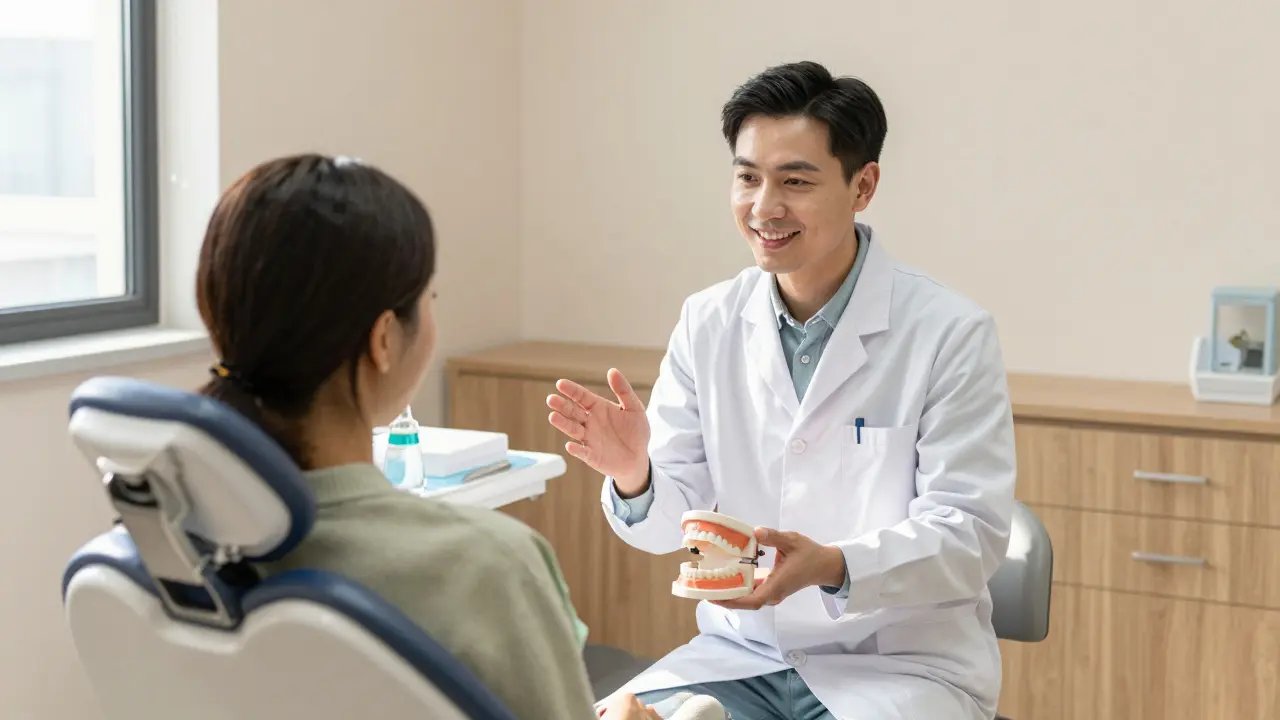 Konzultace u dentisty s modelem čelisti a náhradním zubem