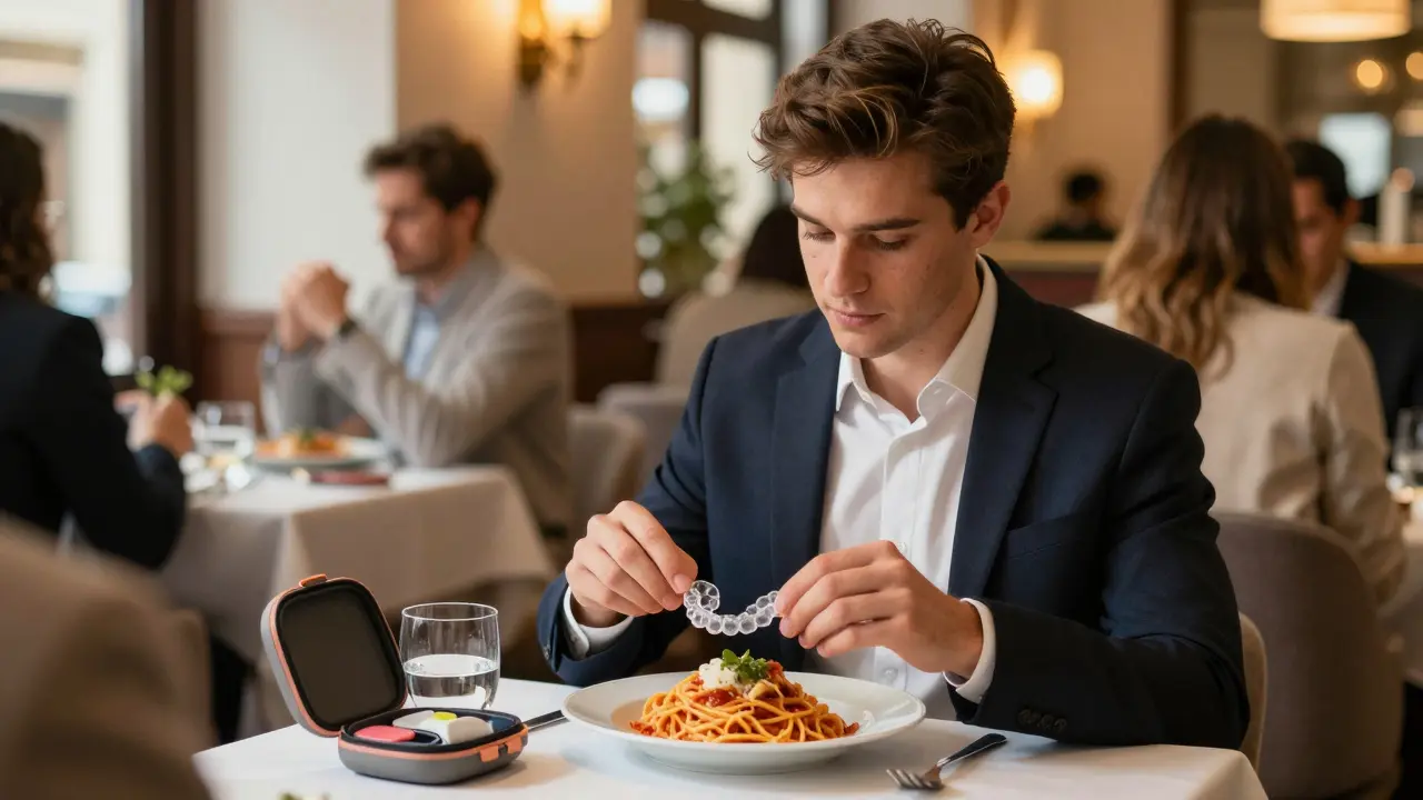 Profesionál ukládá rovnátka do pouzdra před jídlem v elegantní restauraci.