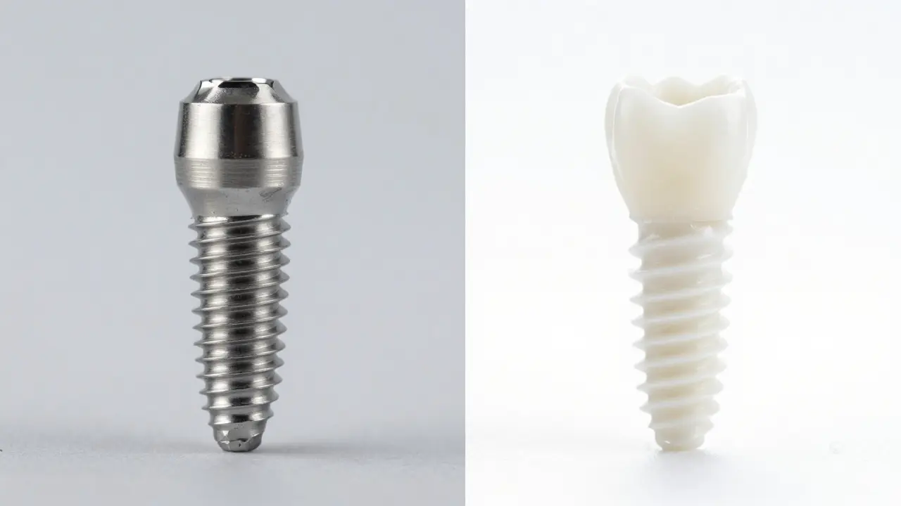Srovnání titanového a zirkoniového zubního implantátu vedle sebe