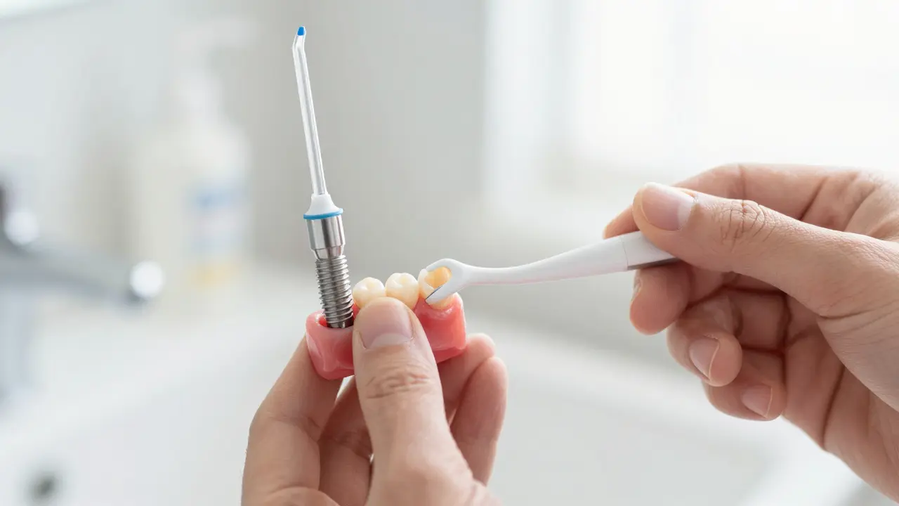 Čištění kolem implantátu pomocí interdentálního kartáčku
