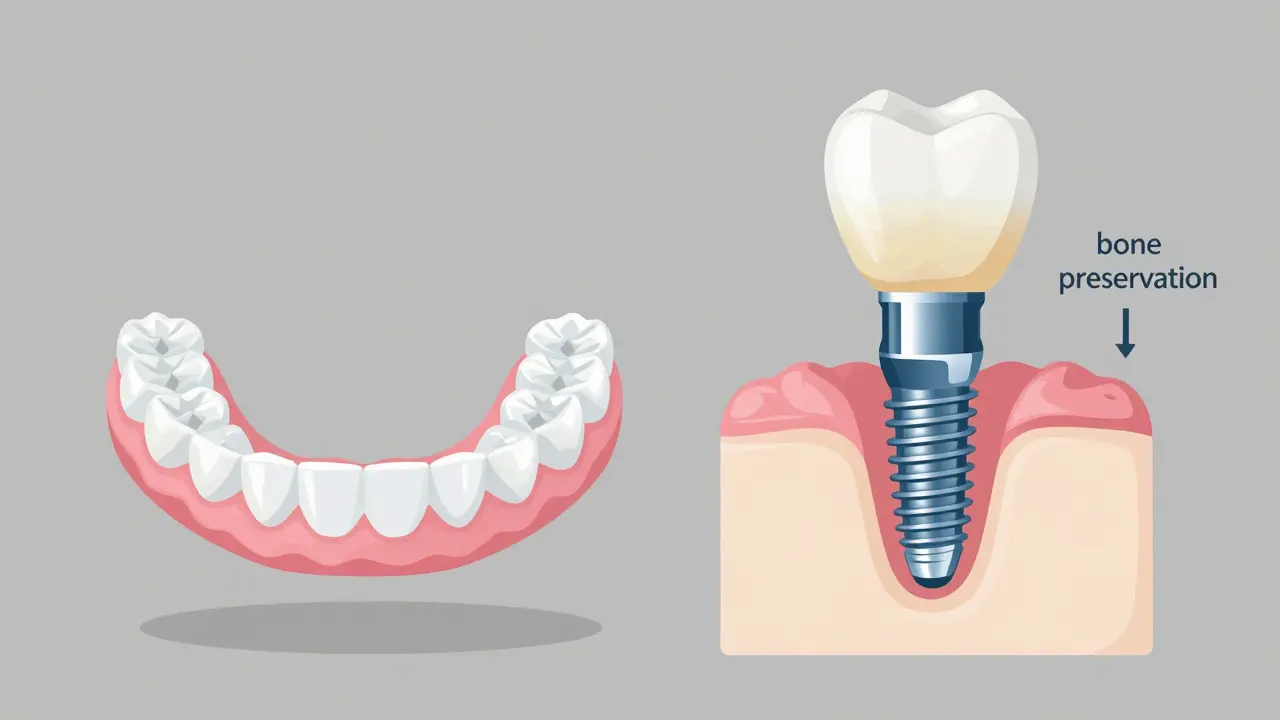 Srovnání klasické protézy a implantátu ukazuje stabilitu a péči o kost