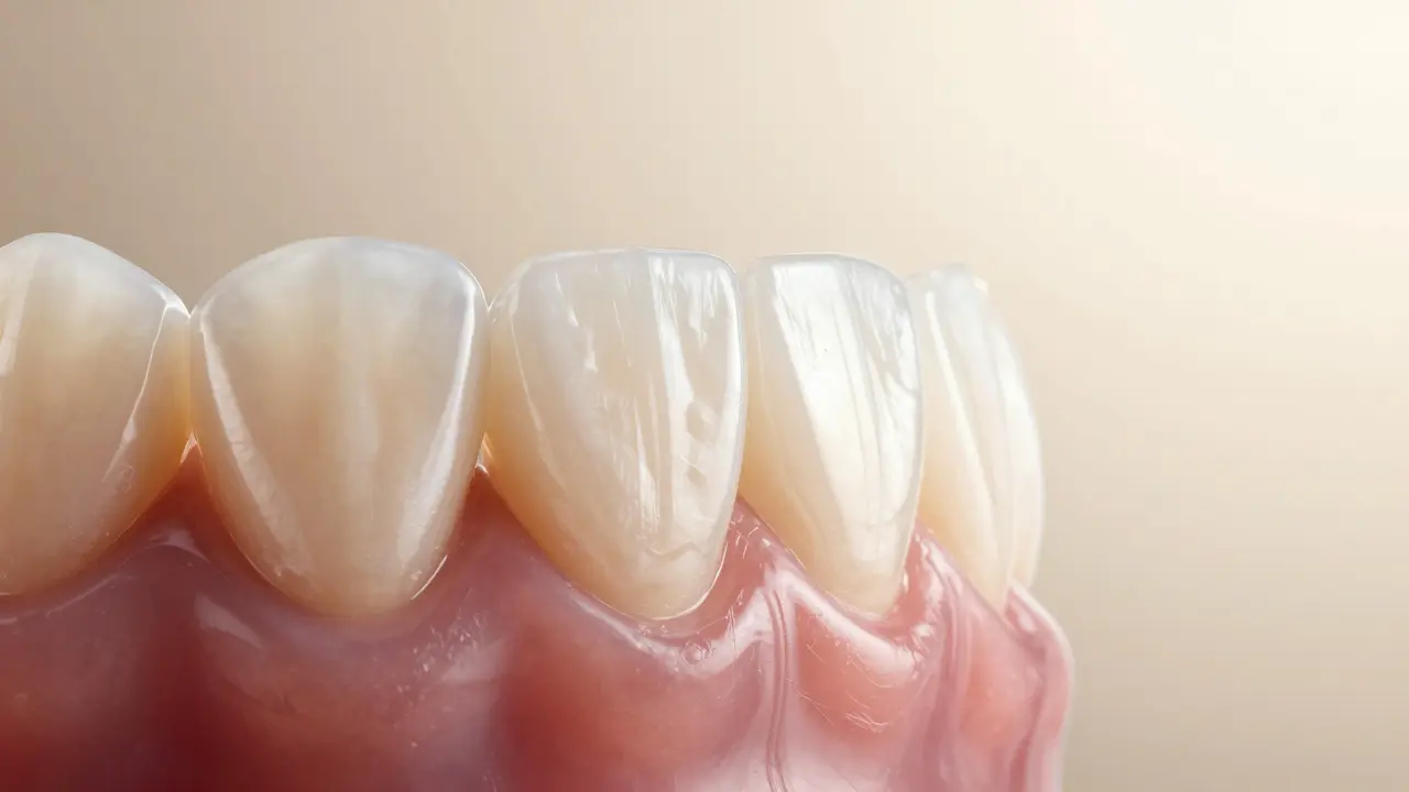 Detail keramických fazet ukazující přirozený lesk a průsvitnost materiálu