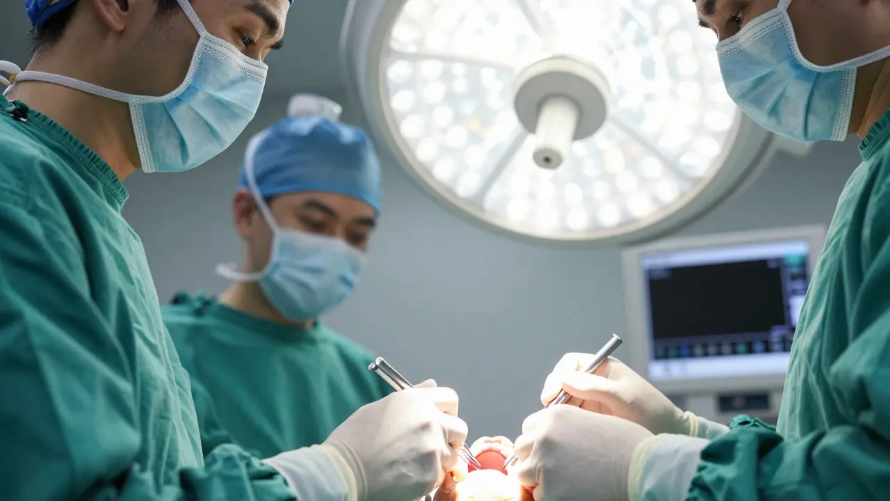 Detailní záběr z operačního sálu během maxilofaciální chirurgie