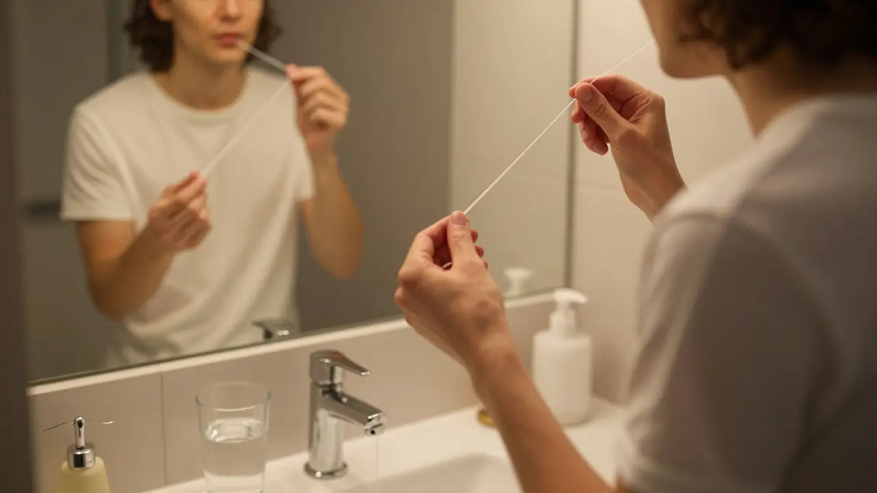 Osoba pečující o ústní hygienu před zrcadlem večerní rutiny